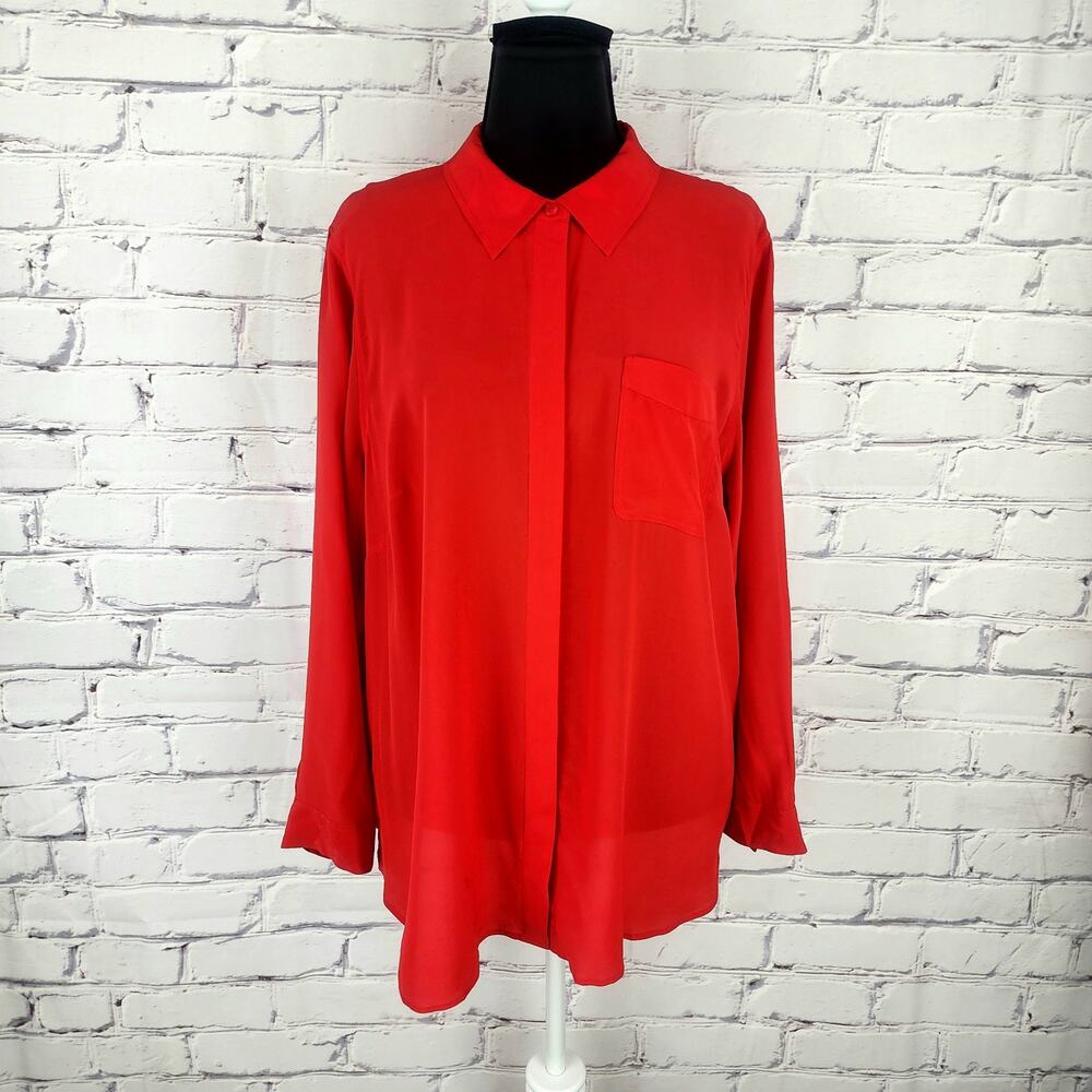Talbots Women plus Size 2X Red washable Silk Button Down Blouse Top corpcore